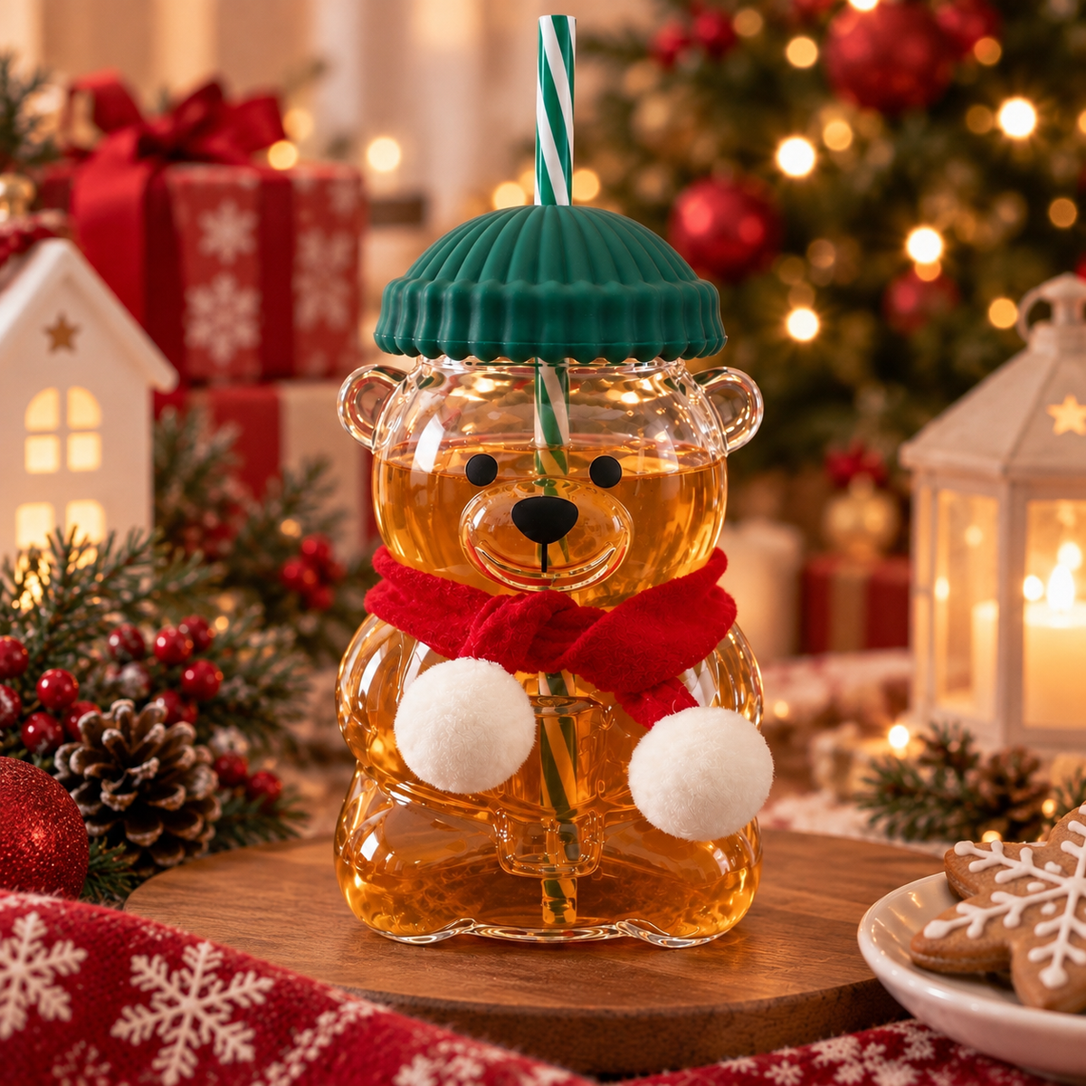 VASO DE OSO BARISTA NAVIDEÑO EN VIDRIO CON BUFANDA Y PITILLO
