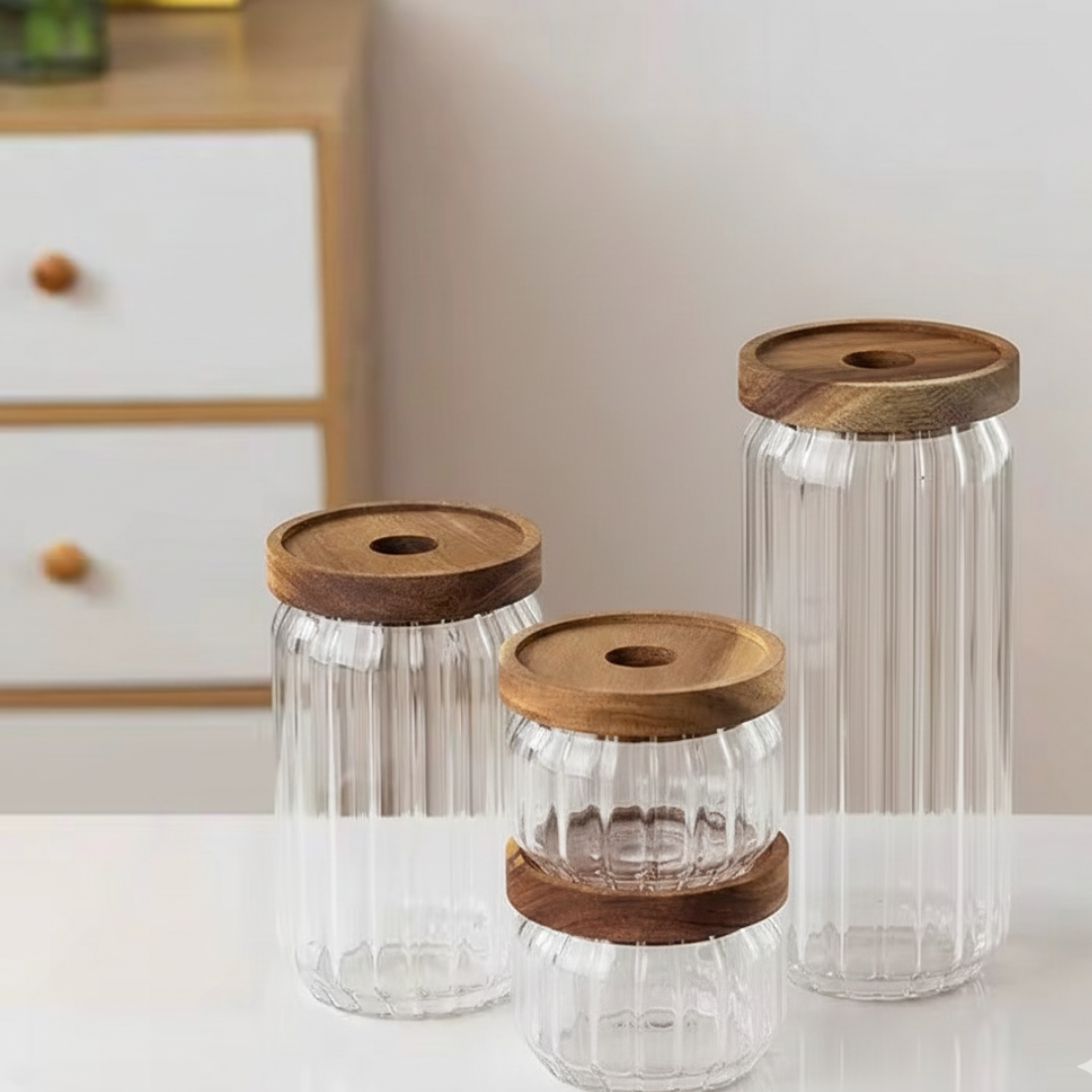 SET DE 4 TARROS EN VIDRIO CON TAPA HERMÉTICA PARA LA DESPENSA