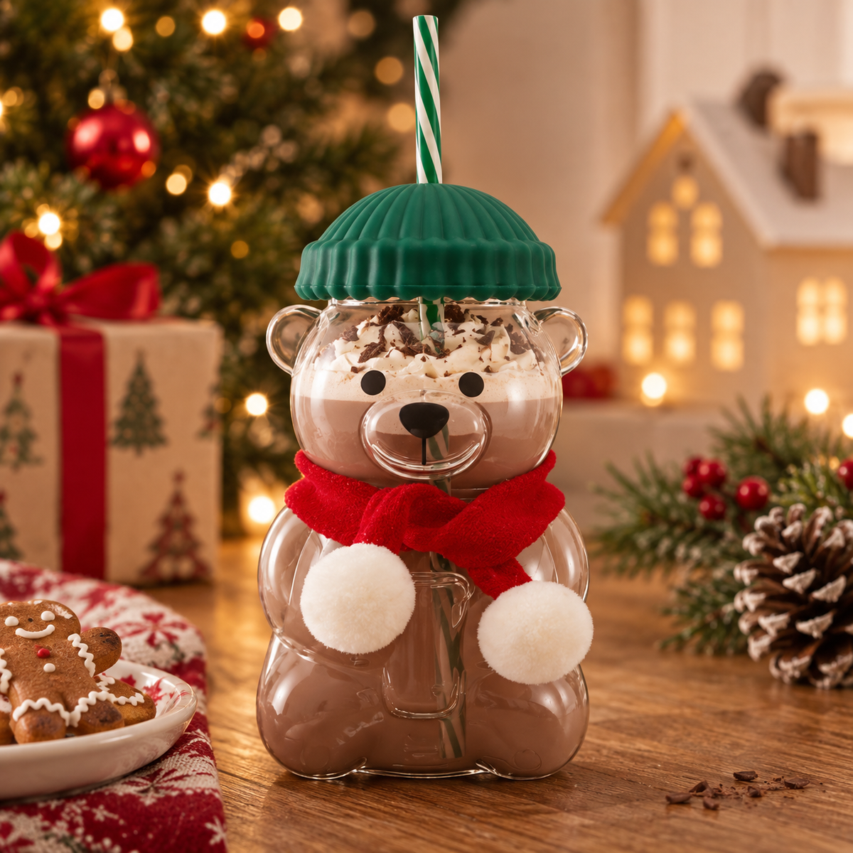 VASO DE OSO BARISTA NAVIDEÑO EN VIDRIO CON BUFANDA Y PITILLO