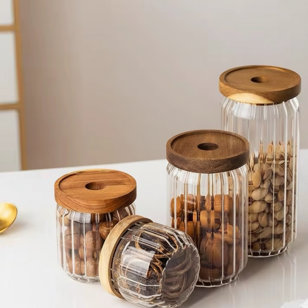 SET DE 4 TARROS EN VIDRIO CON TAPA HERMÉTICA PARA LA DESPENSA