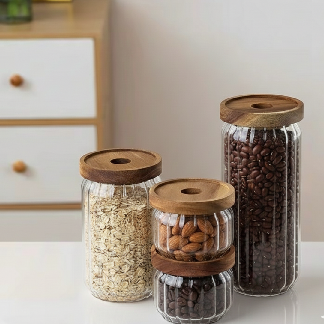 SET DE 4 TARROS EN VIDRIO CON TAPA HERMÉTICA PARA LA DESPENSA