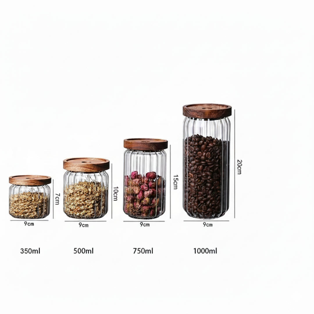 SET DE 4 TARROS EN VIDRIO CON TAPA HERMÉTICA PARA LA DESPENSA