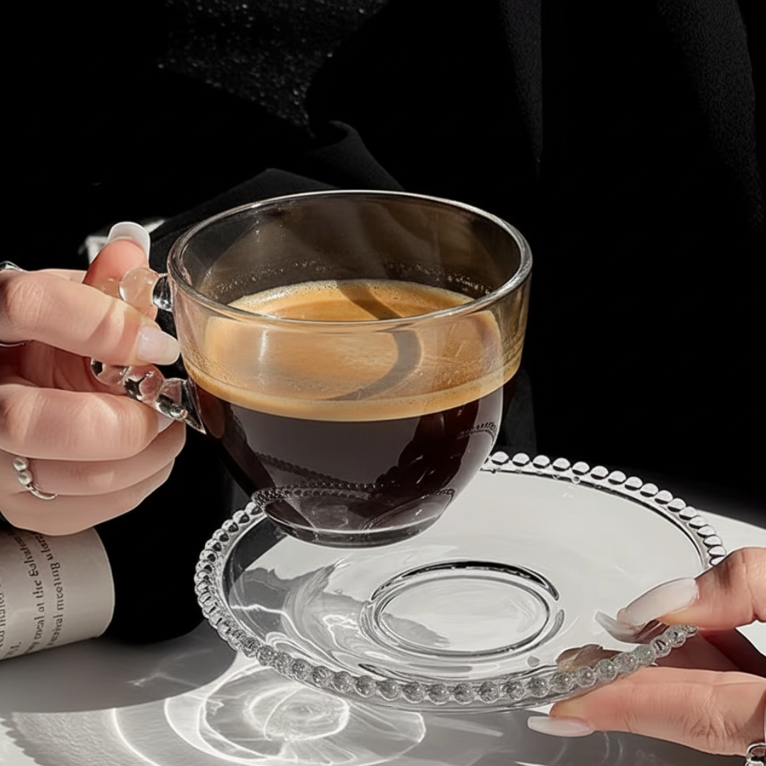 SET DE DOS TAZAS DE CAFÉ Y PLATOS DE CRISTAL FRANCÉS RETRO