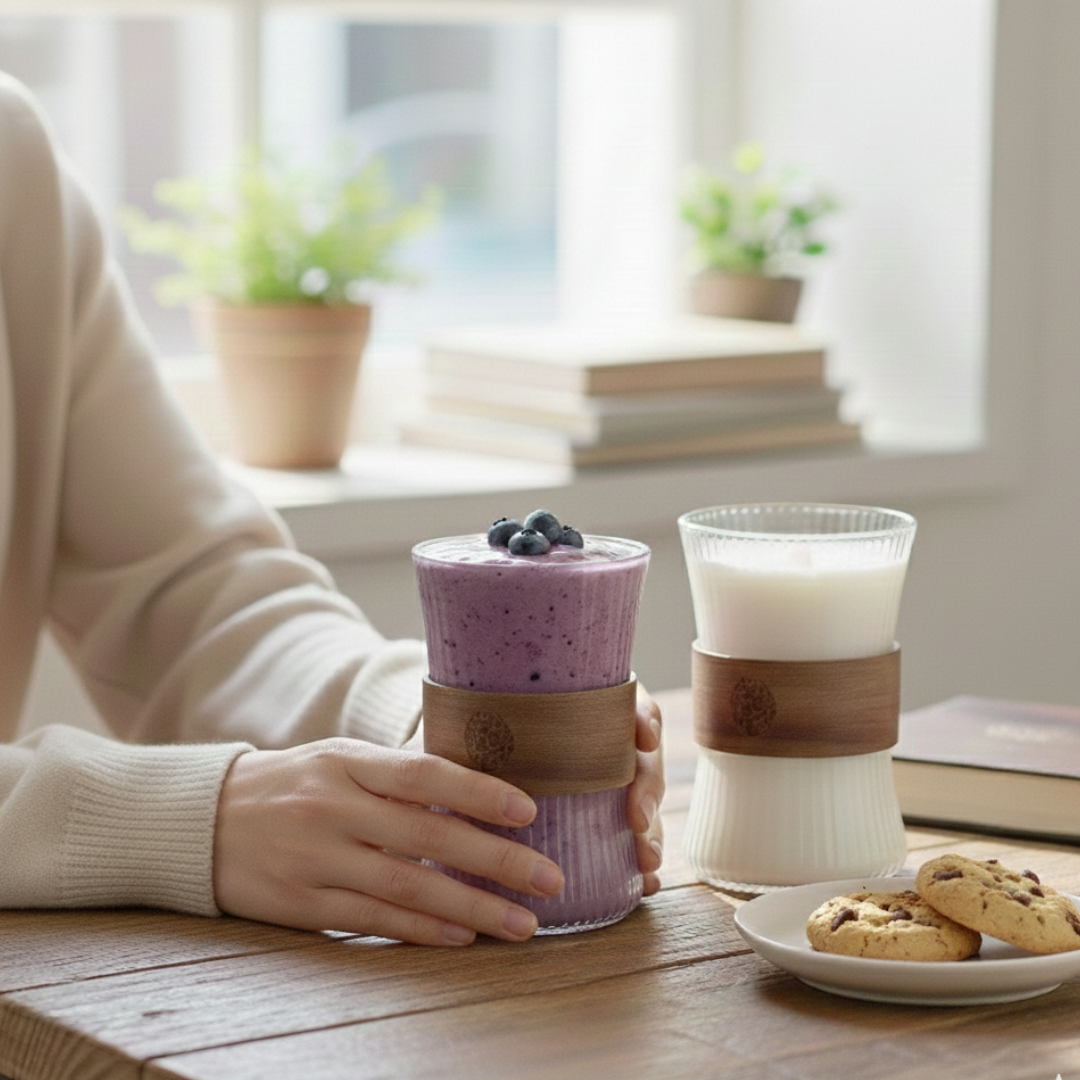 SET DE DOS VASOS DE VIDRIO ACANALADO CON FUNDA DE MADERA