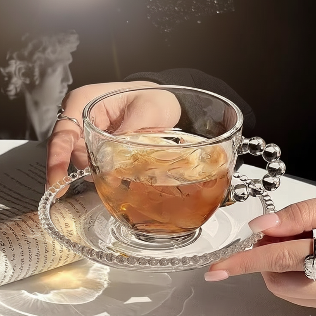 SET DE DOS TAZAS DE CAFÉ Y PLATOS DE CRISTAL FRANCÉS RETRO