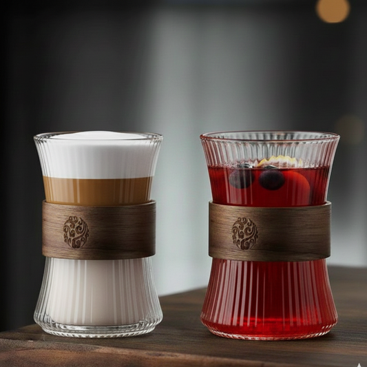 SET DE DOS VASOS DE VIDRIO ACANALADO CON FUNDA DE MADERA
