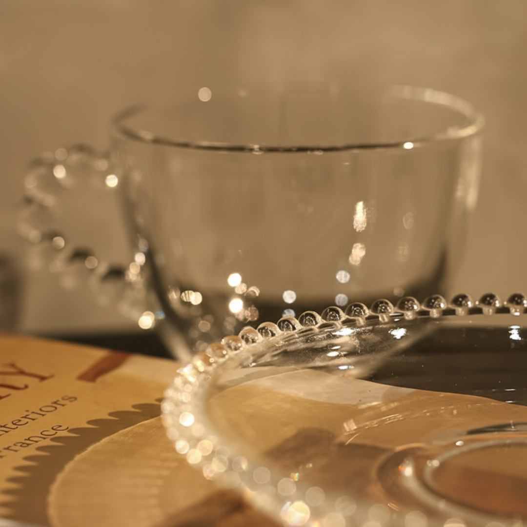 SET DE DOS TAZAS DE CAFÉ Y PLATOS DE CRISTAL FRANCÉS RETRO