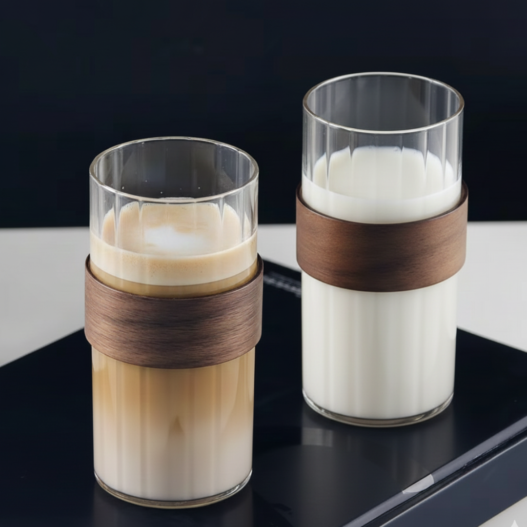 SET DE DOS VASOS VINTAGE EN VIDRIO CON FUNDA DE MADERA