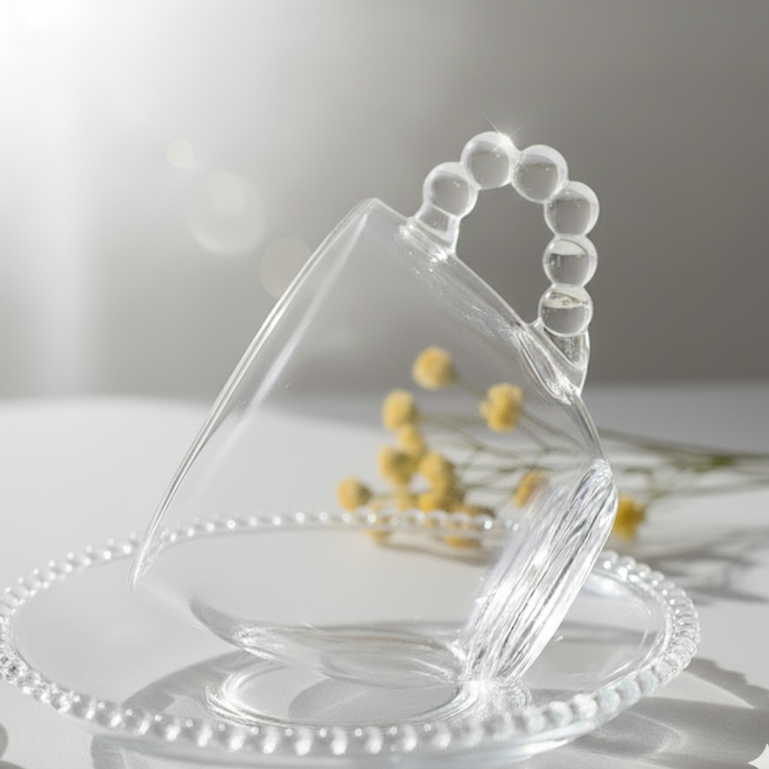 SET DE DOS TAZAS DE CAFÉ Y PLATOS DE CRISTAL FRANCÉS RETRO