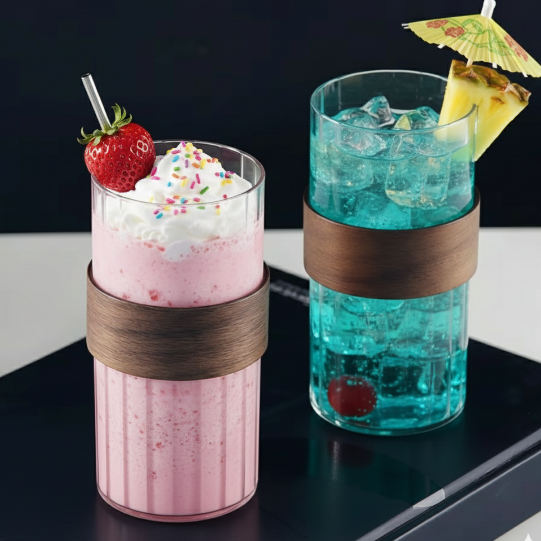 SET DE DOS VASOS VINTAGE EN VIDRIO CON FUNDA DE MADERA