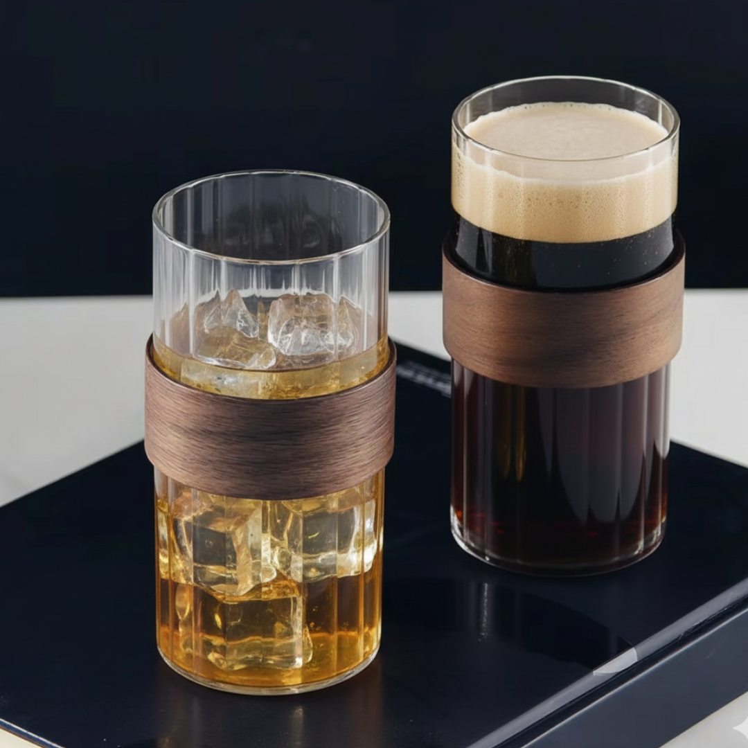 SET DE DOS VASOS VINTAGE EN VIDRIO CON FUNDA DE MADERA