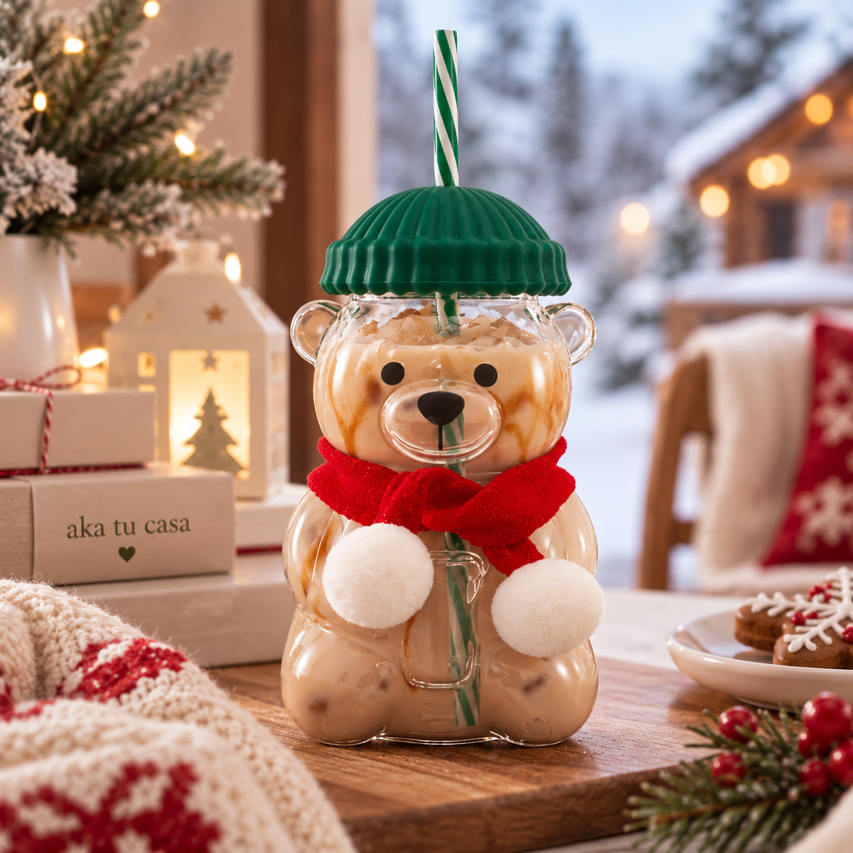 VASO DE OSO BARISTA NAVIDEÑO EN VIDRIO CON BUFANDA Y PITILLO