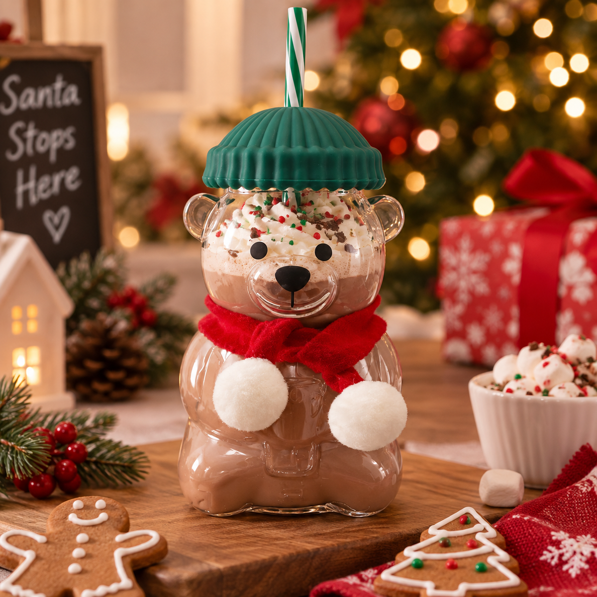VASO DE OSO BARISTA NAVIDEÑO EN VIDRIO CON BUFANDA Y PITILLO