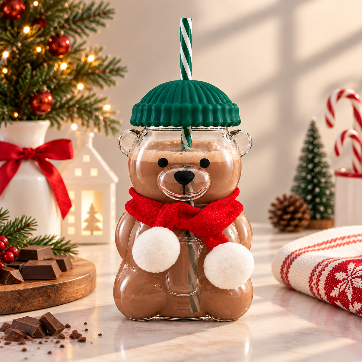 VASO DE OSO BARISTA NAVIDEÑO EN VIDRIO CON BUFANDA Y PITILLO
