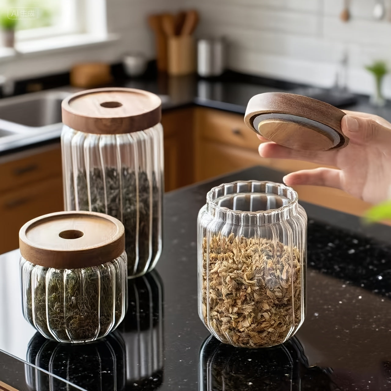 SET DE 4 TARROS EN VIDRIO CON TAPA HERMÉTICA PARA LA DESPENSA