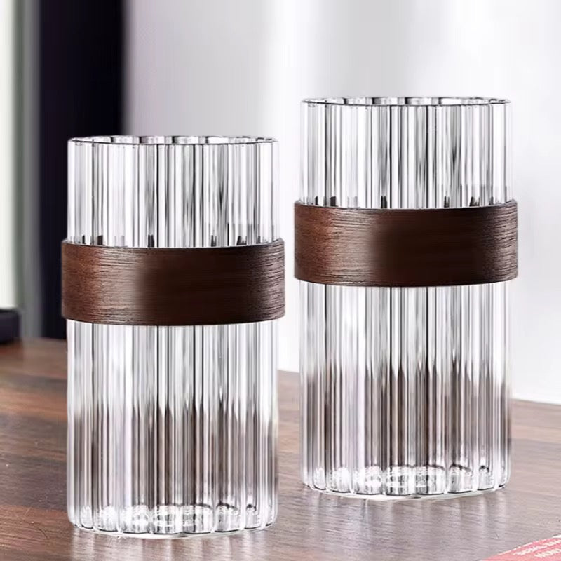 SET DE DOS VASOS VINTAGE EN VIDRIO CON FUNDA DE MADERA