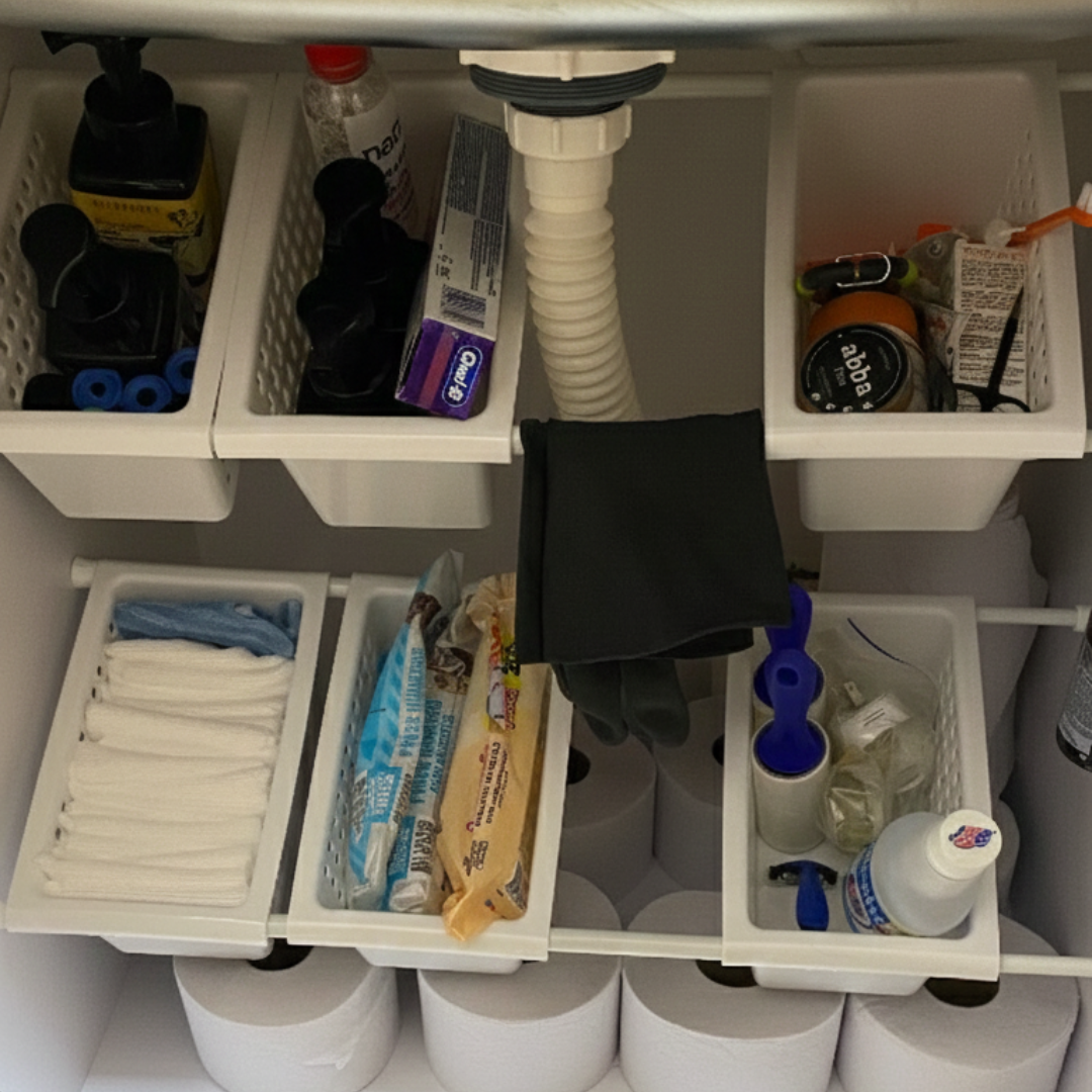 ORGANIZADOR MULTI-NIVEL AJUSTABLE: MAXIMIZA EL ESPACIO BAJO TU LAVAPLATOS