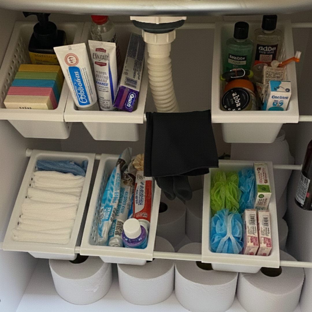 ORGANIZADOR MULTI-NIVEL AJUSTABLE: MAXIMIZA EL ESPACIO BAJO TU LAVAPLATOS