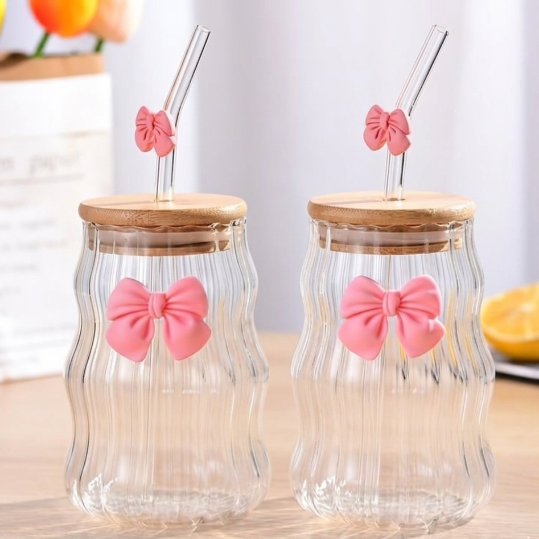 SET DE DOS VASOS CON PITILLOS LAZO ROSA 🎀