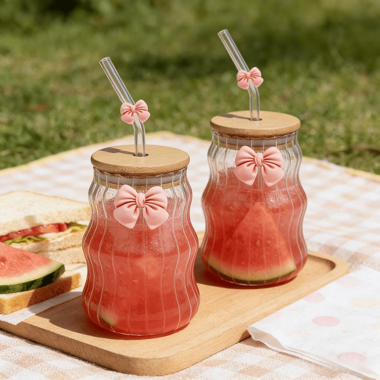 SET DE DOS VASOS CON PITILLOS LAZO ROSA 🎀