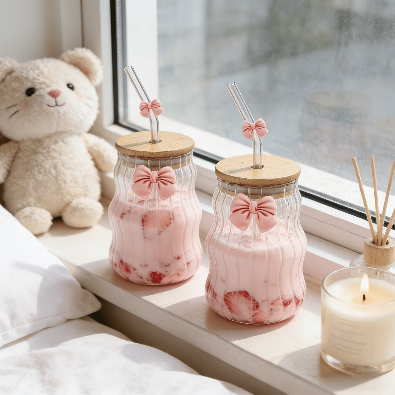 SET DE DOS VASOS CON PITILLOS LAZO ROSA 🎀