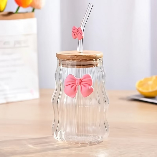 VASO CON PITILLO LAZO ROSA Y TAPA DE BAMBÚ🎀