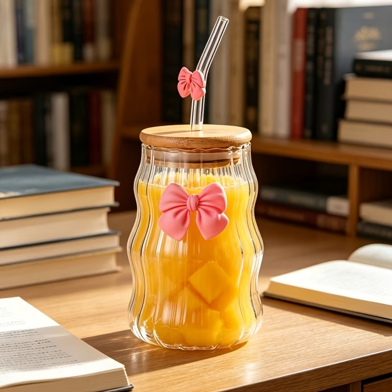 VASO CON PITILLO LAZO ROSA Y TAPA DE BAMBÚ🎀